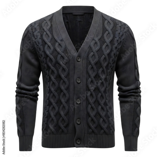 Elegant dark gray cable knit cardigan sweater with buttons