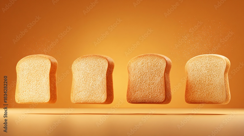 Obraz premium Golden Toast Slices Floating in Air with Warm Orange Lighting and Soft Shadows