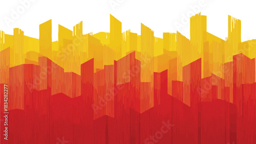 An abstract illustration depicting a cityscape with buildings in shades of red and yellow.