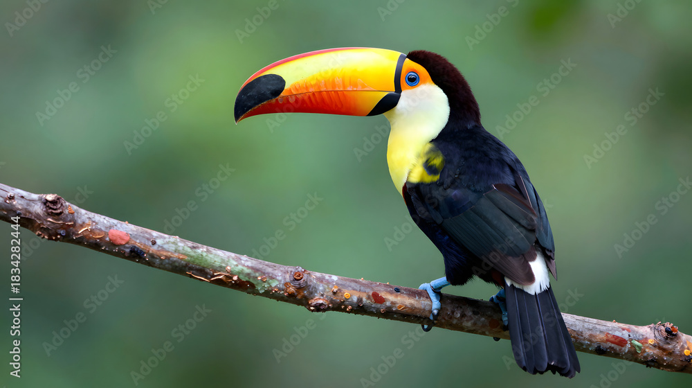 Fototapeta premium Toucan perched on colorful tropical branches vivid portrait