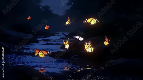 Luminous Monarchs: Glowing Butterflies Over Moonlit Stream Art
