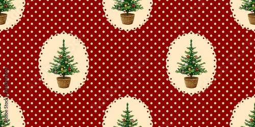 Christmas tree seamless pattern decorated ornaments xmas gift  hand drawn Festive red dots background for winter vintage holidays, wrapping paper or fabric event Illustration.