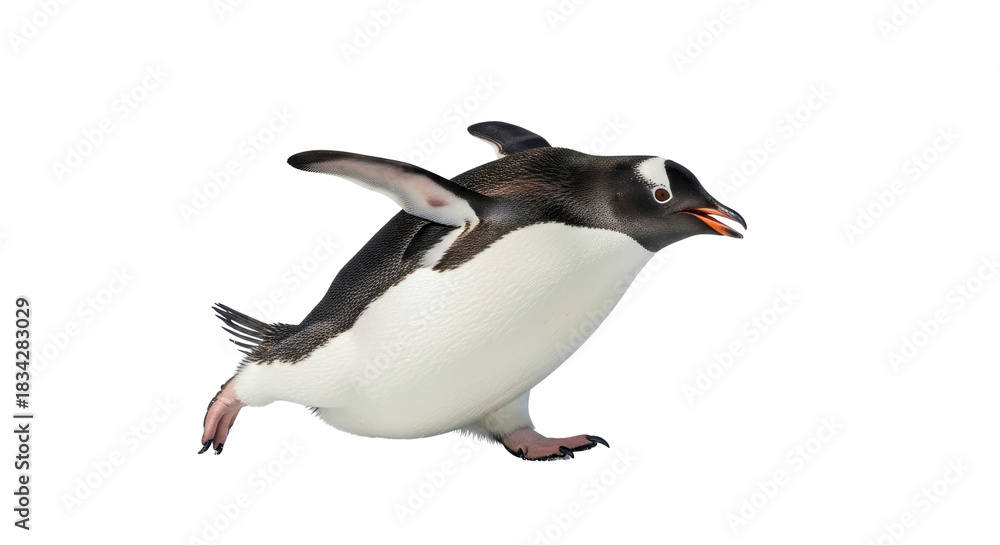 Naklejka premium Gentoo penguin walking with open beak isolated PNG with Transparent Background