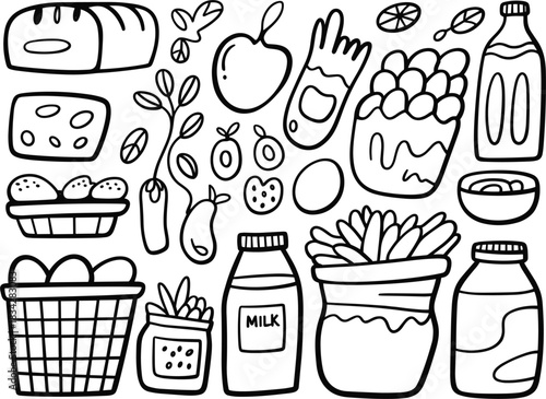 Black and White Grocery Food Doodle Outline Vector Set: Hand-Drawn Line Art Collection of Bread, Dairy, Eggs, Cheese, Fruits, and Vegetables, Ideal for Menus or Coloring Pages.