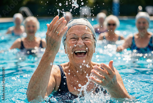 Joyful senior woman with glasses splashing water and laughing during a fun aqua aerobics class with friends in the swimming pool.