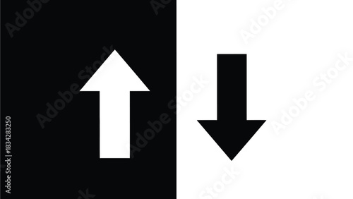 A white arrow points up on a black background next to a black arrow pointing down on a white background.