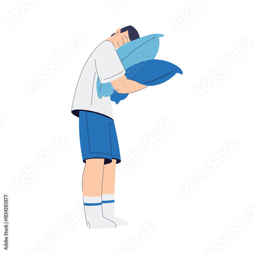 Sleepy Man Character Standing with Soft Pillow Vector Illustration