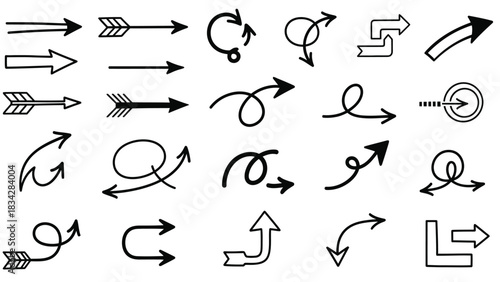 A collection of hand-drawn arrows in various styles and directions is presented against a white background.