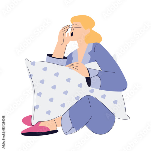 Sleepy Yawning Woman Character Sit with Soft Pillow Vector Illustration