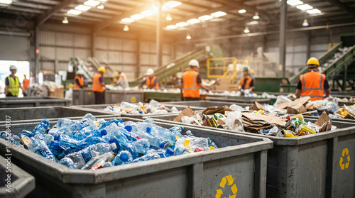 Selective focus on large containers filled with plastic waste inside a busy industrial recycling plant with blurred workers processing materials in the background.