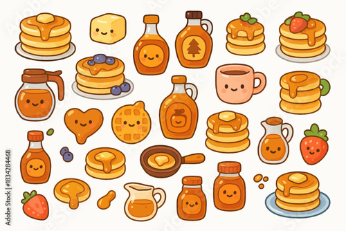 Cute cartoon pancakes with faces and maple syrup breakfast delight