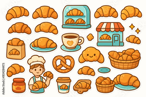 Adorable croissant-themed stickers with bakery elements and cute chef