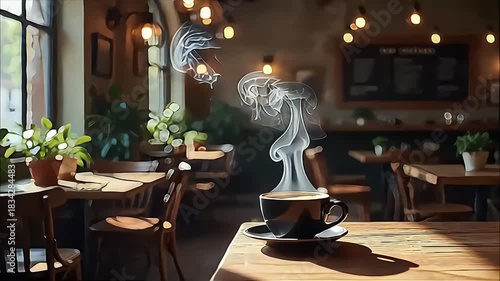 Cozy Café Ambiance: Steam Rising from a Warm Coffee Cup in a Rustic Bistro