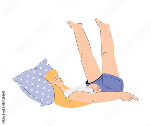 Sleepy Woman Character Lying with Soft Pillow Vector Illustration