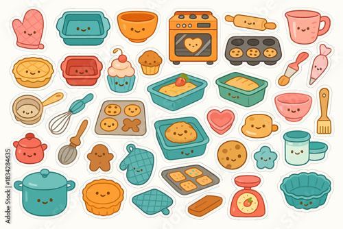 Colorful cute kawaii baking stickers set with kitchen utensils and baked goods