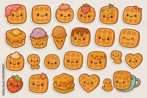 Cute kawaii waffle characters with various toppings and expressions