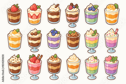 Colorful assortment of decorative dessert cups with fruit and layers