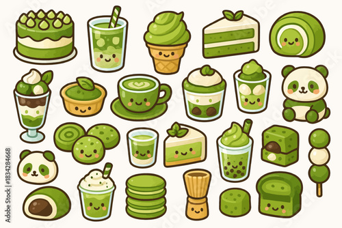 Cute green matcha-themed desserts and drinks with adorable characters