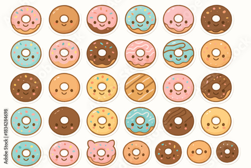 Cute assorted donuts with colorful designs and smiley faces