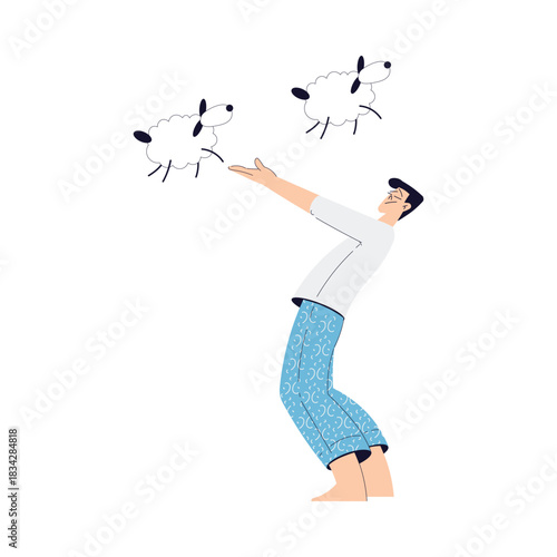 Sleepless Man at Night Count Sheep Suffer from Insomnia Vector Illustration