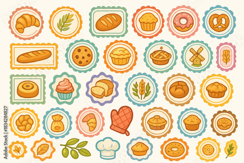 Colorful bakery icons with bread, pastries and baking tools