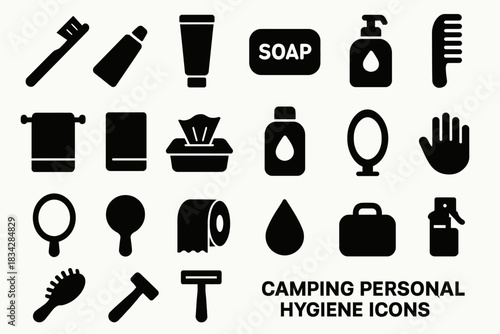 Camping personal hygiene icons set for outdoor essentials and cleanliness