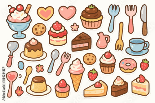 Cute assorted desserts and utensils collection with ice cream and cakes