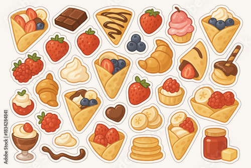 Assorted dessert stickers: crepes, pastries, berries, and sweet treats