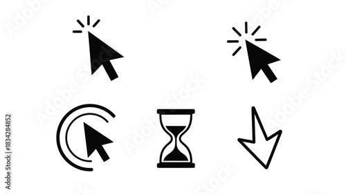 A collection of computer cursor icons and an hourglass symbol are displayed on a white background.