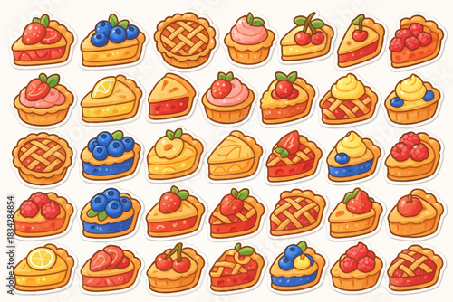 Colorful variety of sweet pies and tart desserts with fruit toppings