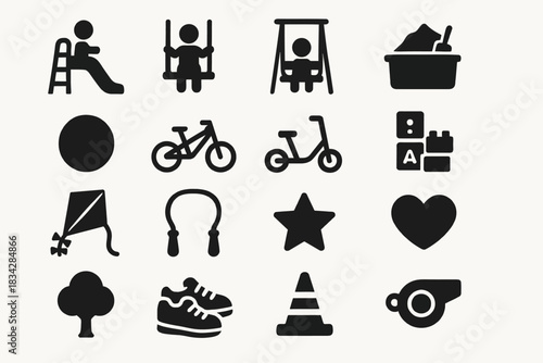 Children's playground and toys icons: swings, slides, bicycles, and more