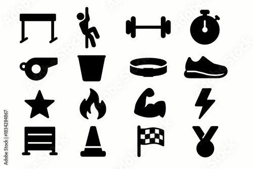 Variety of fitness and sports icons including gym equipment and symbols