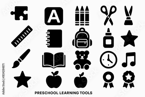 Icons of preschool learning tools with educational symbols and supplies for young children