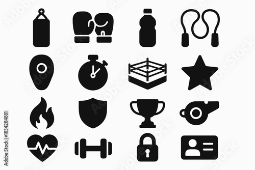 Silhouette icons of fitness and sports equipment: boxing, jump rope, stopwatch, and more