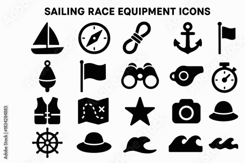 Sailing race equipment icons: boat, compass, anchor, binoculars, stopwatch