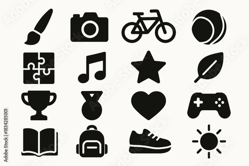 Silhouette icons of camera, bicycle, trophy, music note, and game controller
