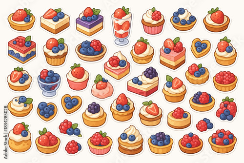 Assorted berry desserts: cupcakes, tarts, and parfaits in vibrant array