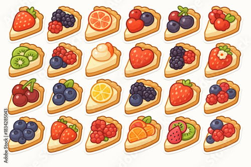 Variety of colorful fruit tarts and pies with berries and citrus slices