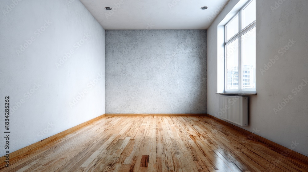 Obraz premium Empty interior room showcases light wood flooring and bright window view