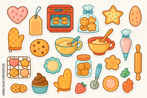Cute cookie and baking sticker set with utensils and pastries