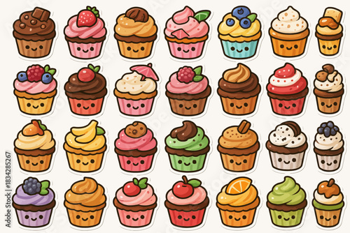 Assorted cute cupcake faces with fruits and toppings illustration