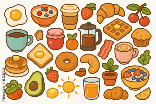 Colorful assorted breakfast foods with fruits coffee and pastries