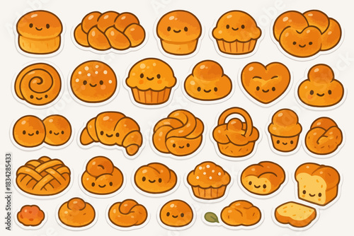 Cute cartoon bread and pastry characters with smiling faces