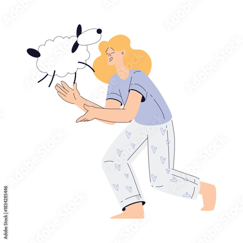 Sleepless Woman at Night Count Sheep Suffer from Insomnia Vector Illustration