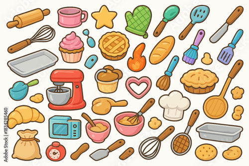 Colorful baking tools and ingredients cartoon icons set