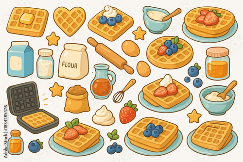 Waffle making ingredients and tools: eggs, flour, honey, berries, and kitchen utensils