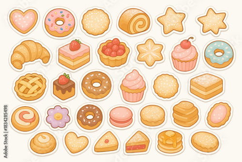 Assorted cute cookie and pastry stickers featuring donuts, cakes, and croissants
