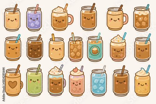 Cute cartoon beverage collection with smiling faces and straw designs