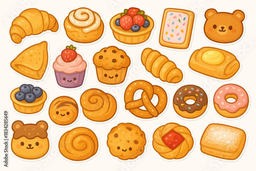 Cute cartoon baked goods collection with faces and bear shapes