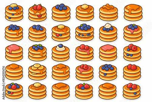 Assorted pancakes with various toppings in a patterned grid